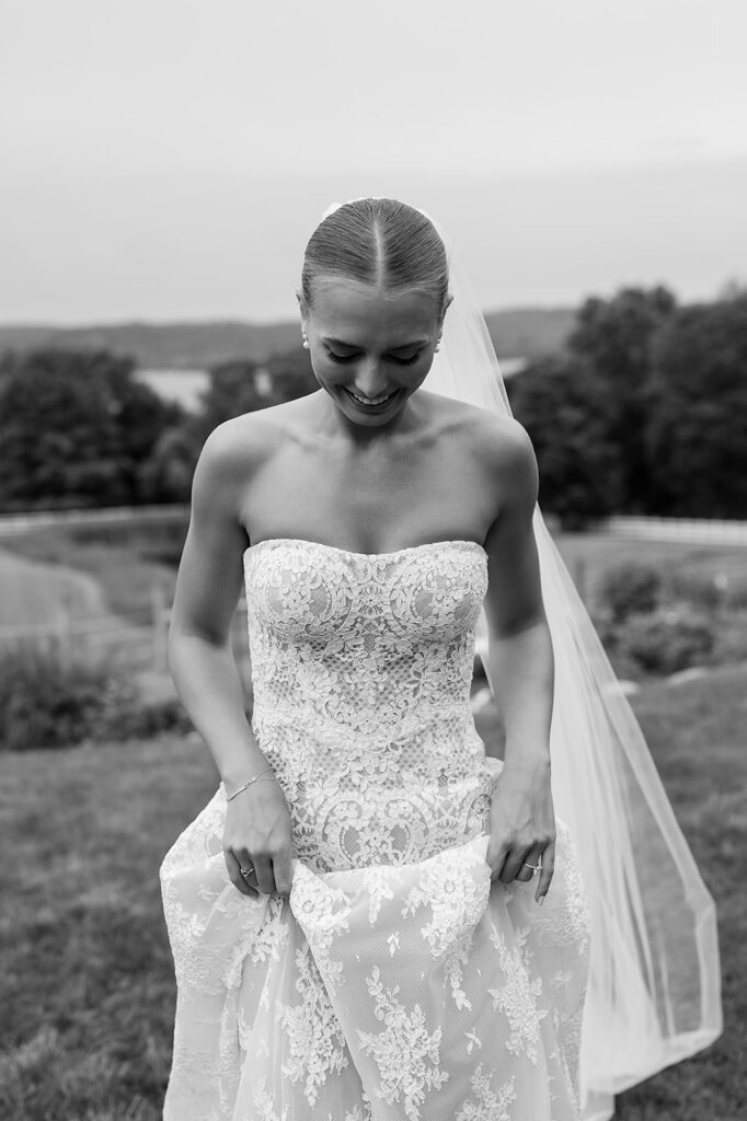 Black and white bridal portraits in Traverse City, Michigan at Noverr Farms.