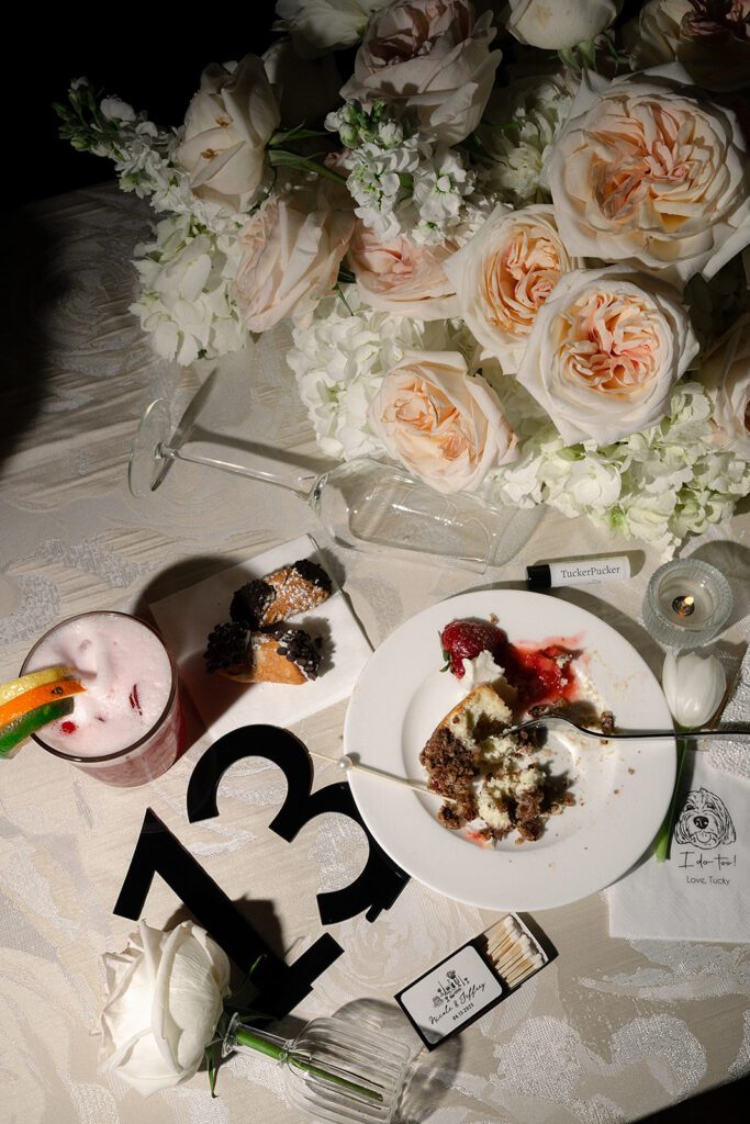 Flash wedding reception detail photos of cake, drinks, florals, and more details. 