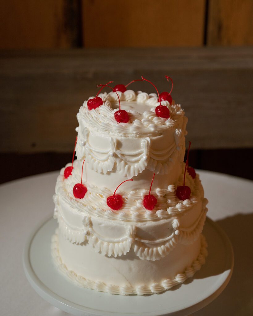 Two-tier wedding cake with cherry details displayed during a Noverr Farms wedding reception in Traverse City, Michigan.