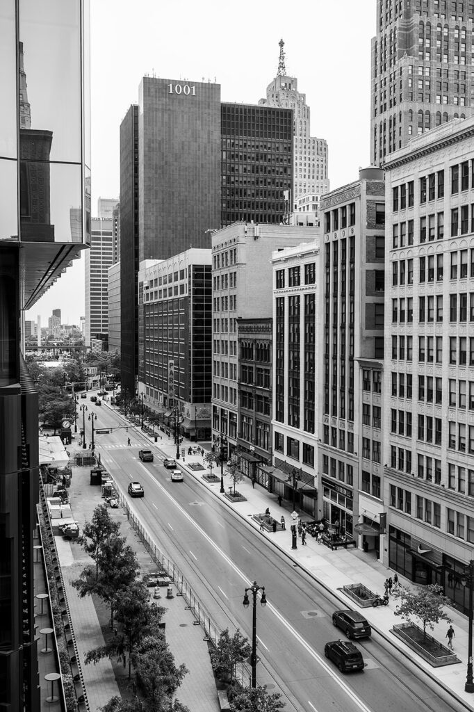 Black and white view of downtown Detroit streets from the Shinola Hotel window.