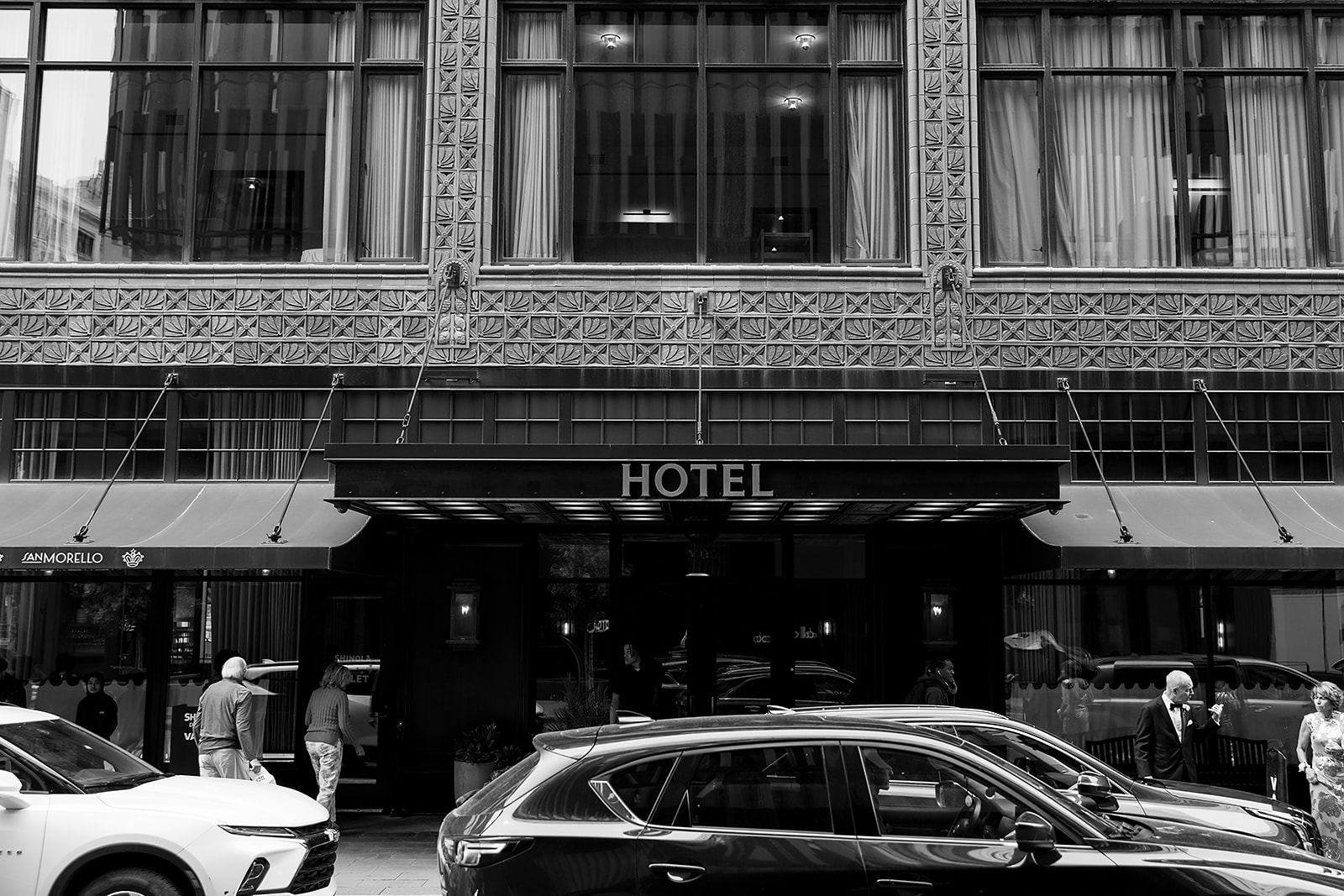 Black and white photo of the Shinola Hotel exterior in downtown Detroit.