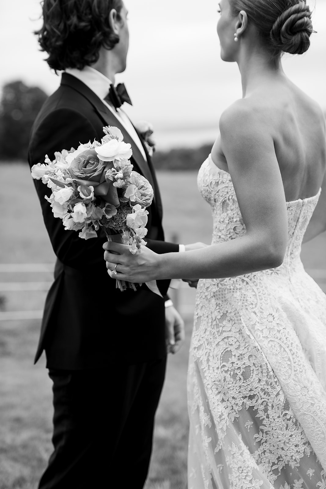Black and white close up photo of a bride and groom at Noverr Farms in Traverse City, Michigan.