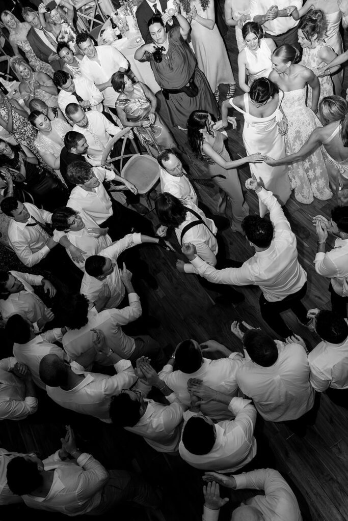 Overhead shot of everyone dancing during the reception.
