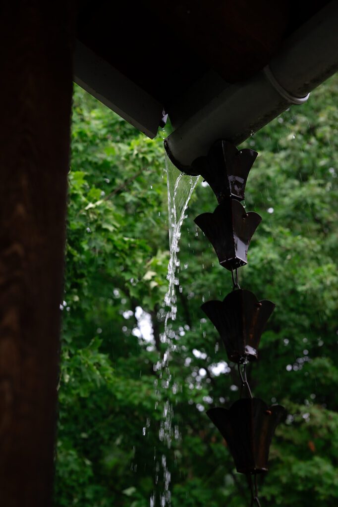 Rain falling from the roof at Noverr Farms in Traverse City, Michigan.